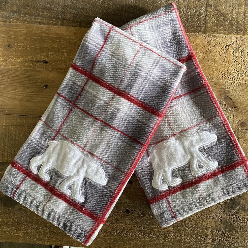 SET OF 2 New NAUTICA HOME Hand Towels Gray Red White Rustic Cabin Bear Winter